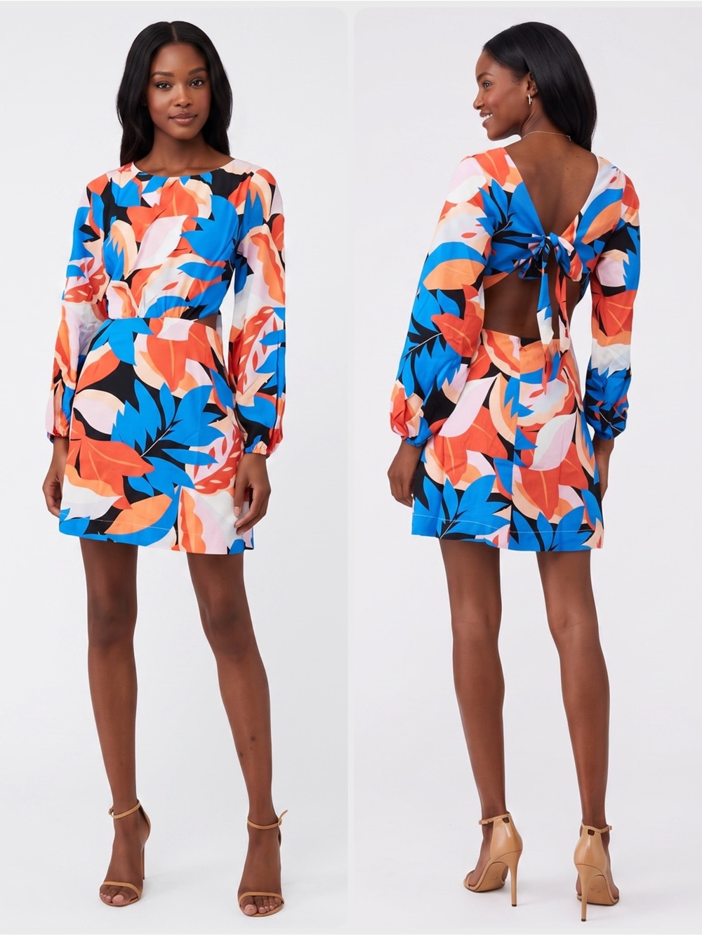 MINKPINK Lukas Viscose Tropical Leaf Tie-Back Puff Long Sleeve Mini Dress $139